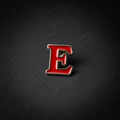 Red E pun pin — red letter E novelty pin
