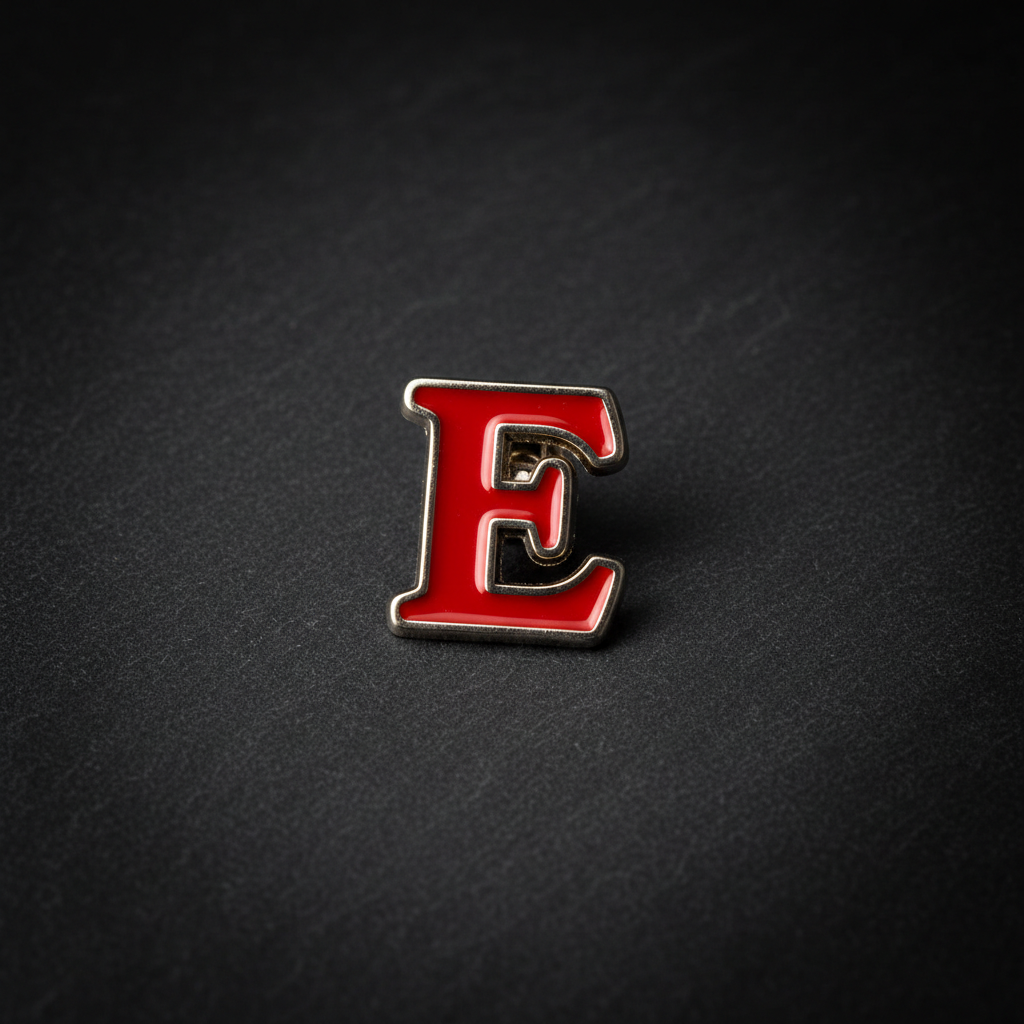 Red E pun pin — red letter E novelty pin