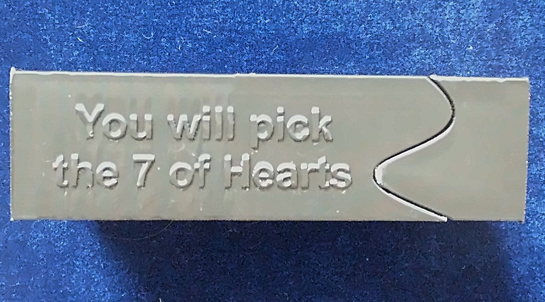 Ultimate Card Box side engraved 'You will pick the 7 of Hearts'