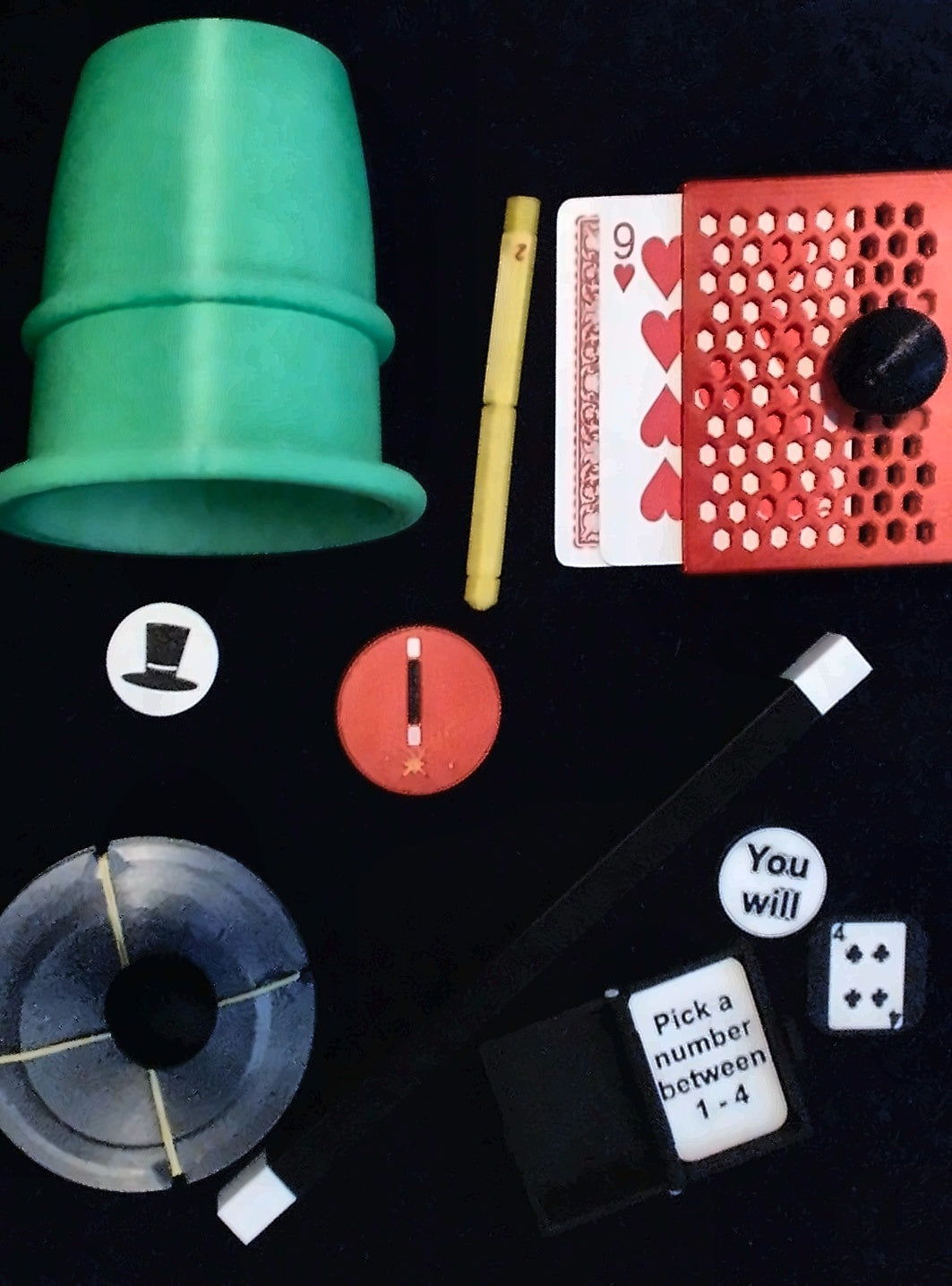 The Q Family Magic Set, six original beginner magic tricks laid out together